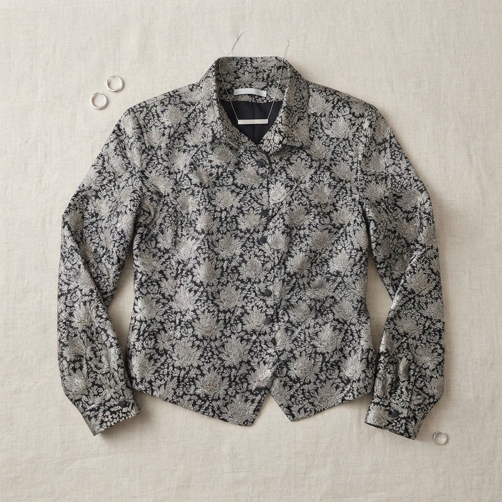 Dana Buchman Silk Blazer Women 16 Black Grey Floral Damask Jacket Vintage Career